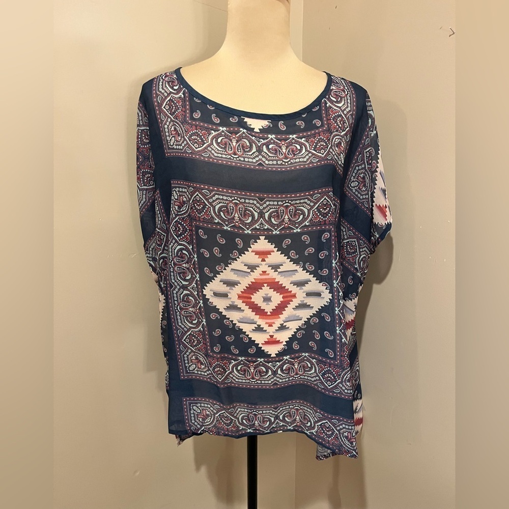 Tasha Polizzi Navy and Red Patterned Women's Top